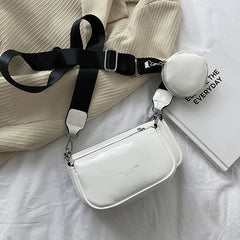 Crossbody Messenger Bag Set with Wide Strap - 3 Small PU Leather Shoulder Bags