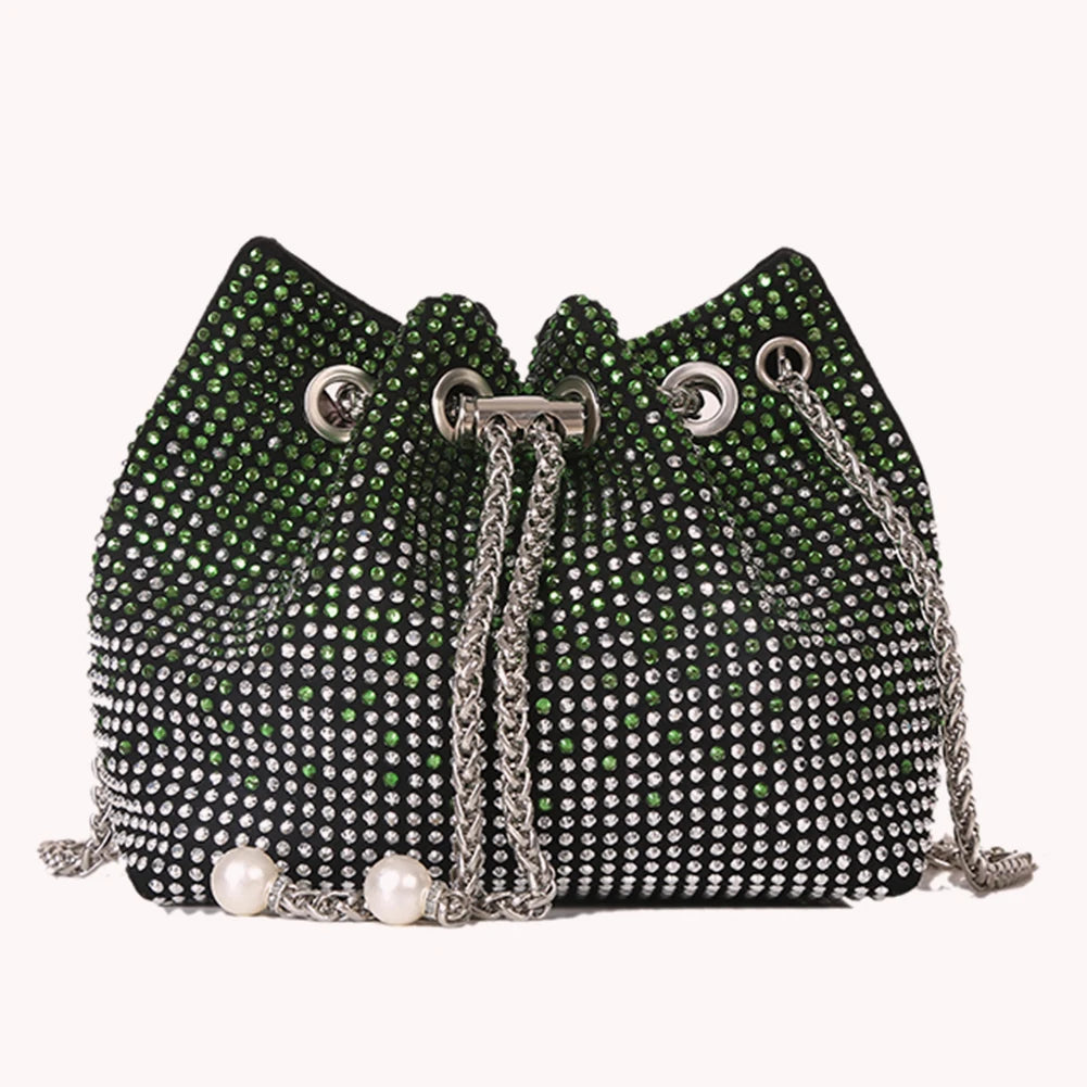 Rhinestone Crossbody Bucket Bag Drawstring Shoulder Handbag