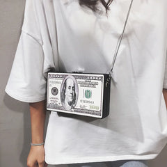 Dollar Pattern Box Leather Clutch Bag Chain Purse Shoulder Bag Tote
