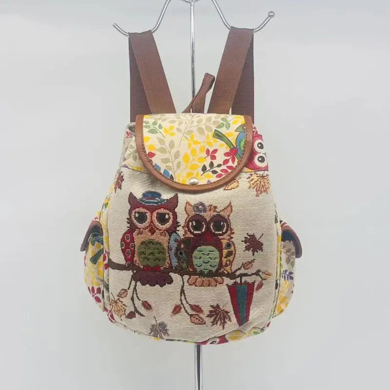 Embroidered Owl Canvas Backpack Travel Bag