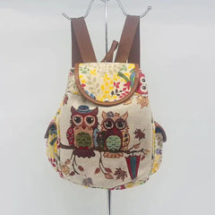Embroidered Owl Canvas Backpack Travel Bag