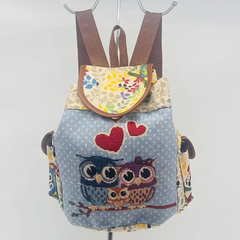 Embroidered Owl Canvas Backpack Travel Bag