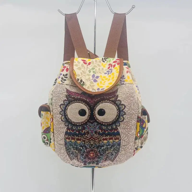 Embroidered Owl Canvas Backpack Travel Bag
