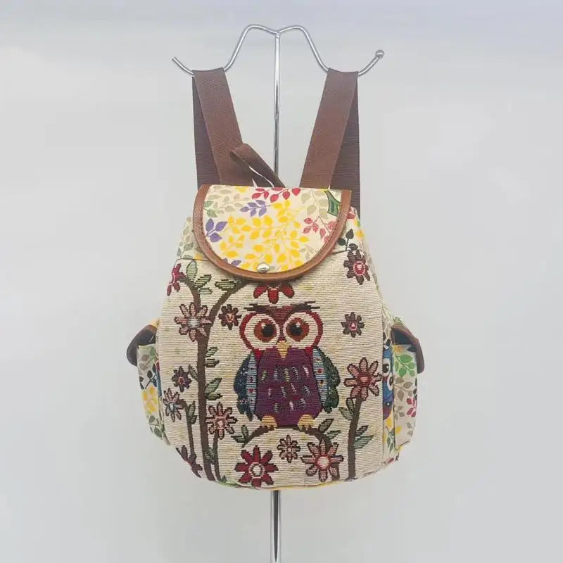 Owl Embroidered Canvas Backpack for Women