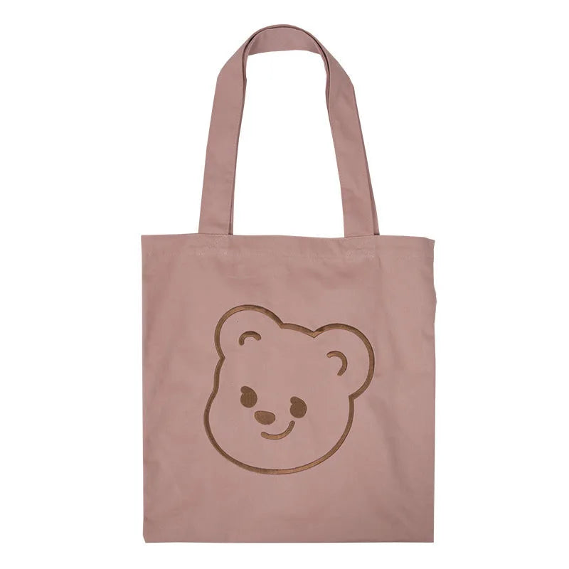 Embroidery Bear Shopping Bag Soft Pink Canvas Tote Bag