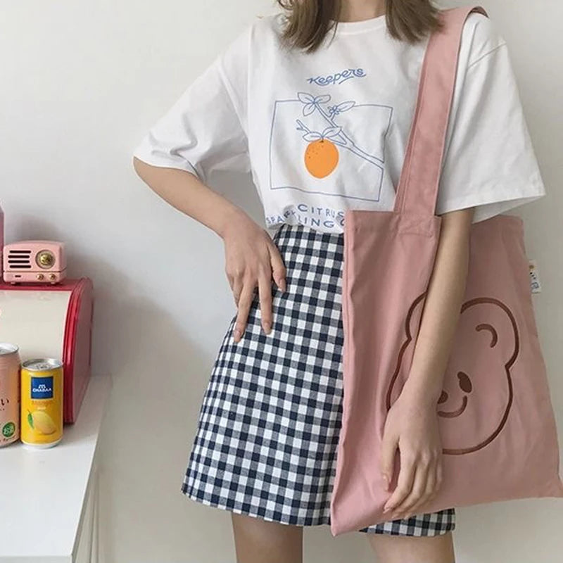 Embroidery Bear Shopping Bag Soft Pink Canvas Tote Bag