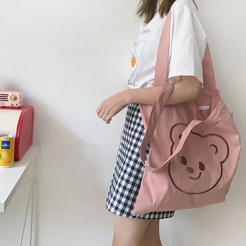 Embroidery Bear Shopping Bag Soft Pink Canvas Tote Bag