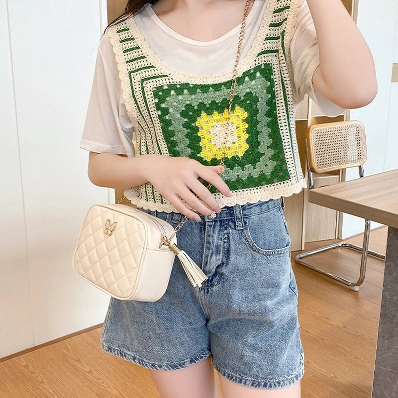 Embroidery Shoulder Bag Mini PU Leather Messenger Square Bag Women Purses Crossb