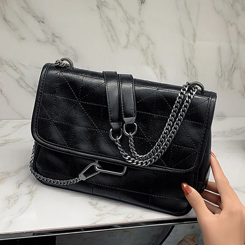 Women's Embroidery Thread Shoulder Bag Soft Leather Messenger Chains Crossbody H