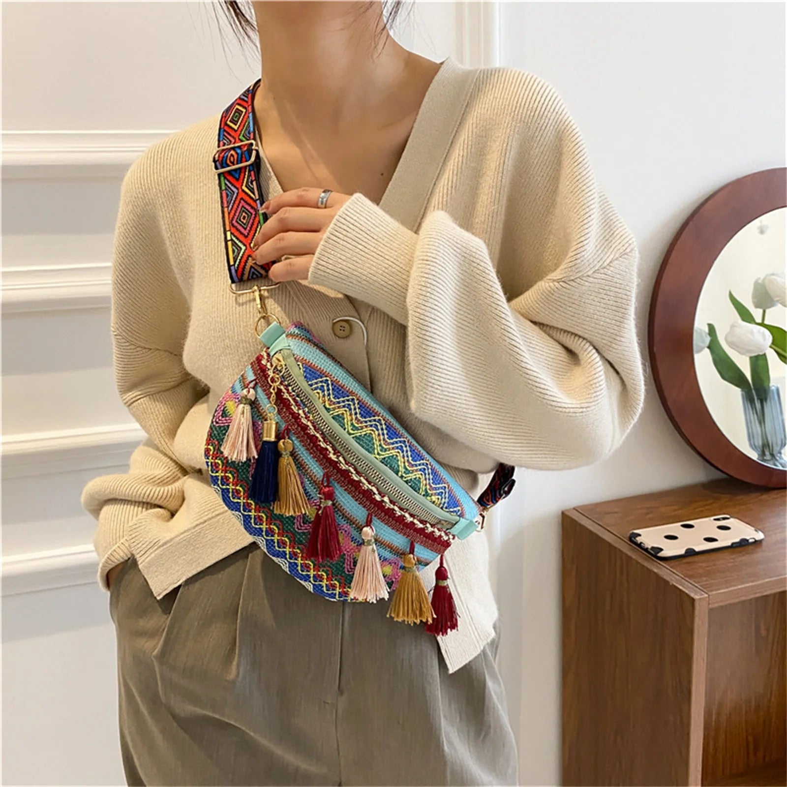 Ethnic Style PU Leather Stripes Shoulder Bag Tassel Mini Purse Handbag