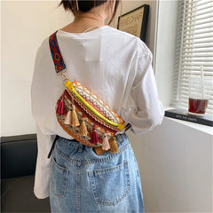 Ethnic Style PU Leather Stripes Shoulder Bag Tassel Mini Purse Handbag