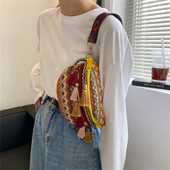 Ethnic Style PU Leather Stripes Shoulder Bag Tassel Mini Purse Handbag