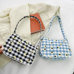Canvas Underarm Bag Vintage Mini Daisy Butterfly Plaid Handbags