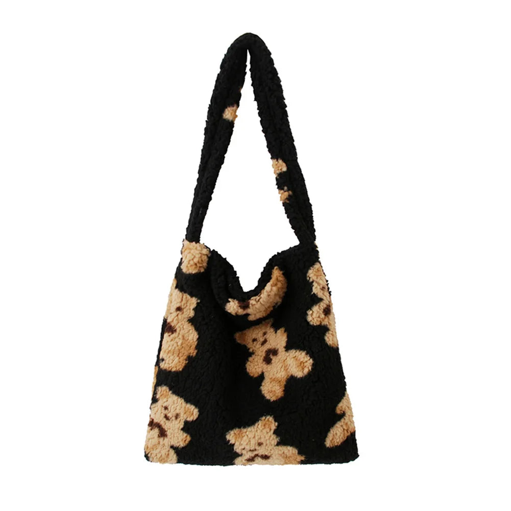 Bear Print Top-handle Bag Autumn Plush Tote Shoulder Handbag