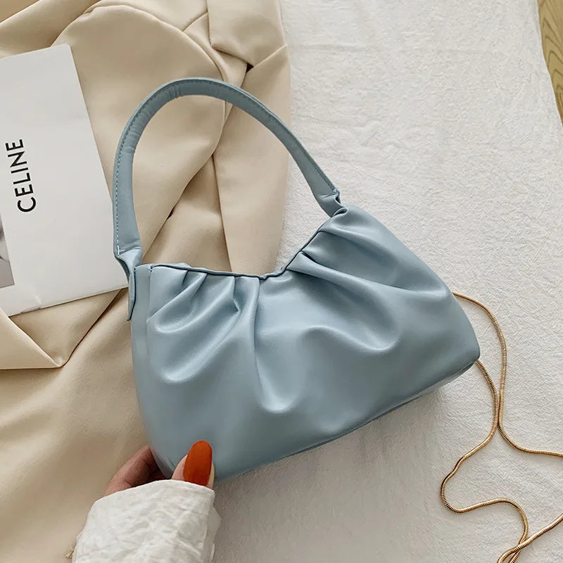 Retro Casual Pleated Clutch Shoulder Bag Chain Handbag for Women