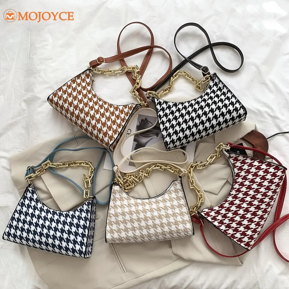 Vintage Houndstooth Chain Hobo Tote PU Shoulder Bag
