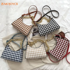 Vintage Houndstooth Chain Hobo Tote PU Shoulder Bag