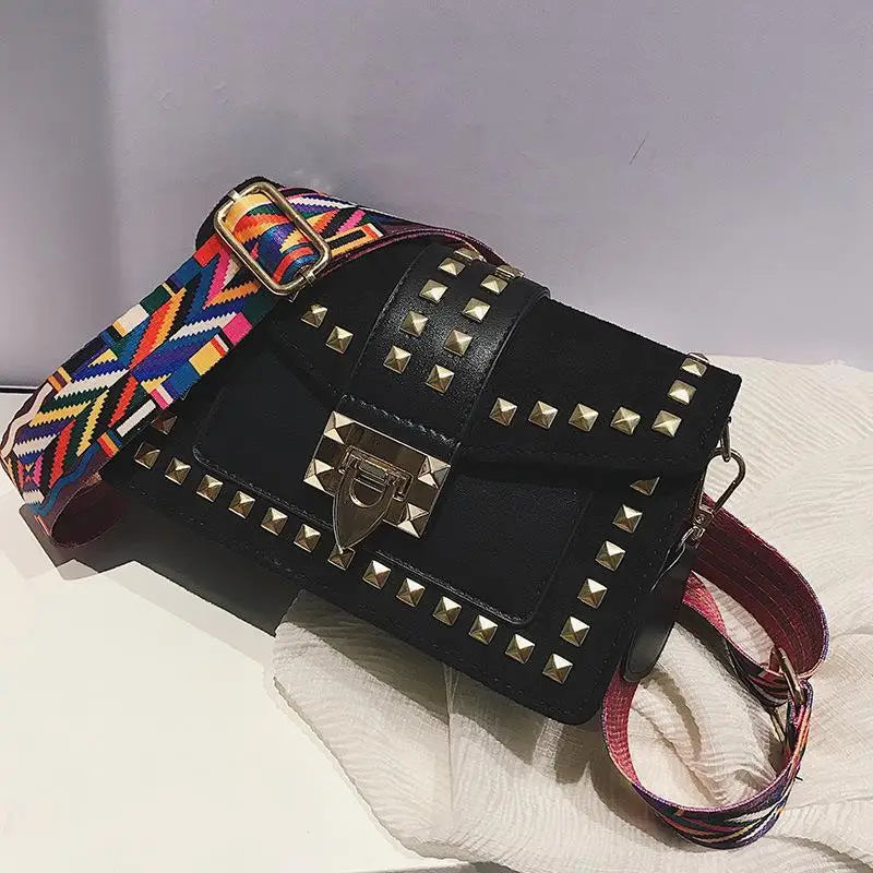Rivet Patchwork Crossbody Bag Wide Strap Women's Handbag