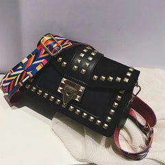 Rivet Patchwork Crossbody Bag Wide Strap Women's Handbag