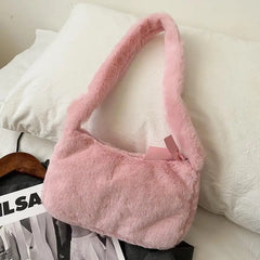 Women Small Hobos Shoulder Bag Winter Soft Plush Ladies Underarm Handbags