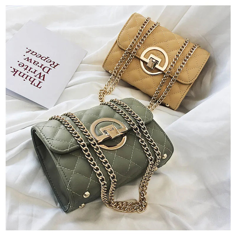 Female Bag Metal Chain Shoulder Strap Rhombus Check Crossbody