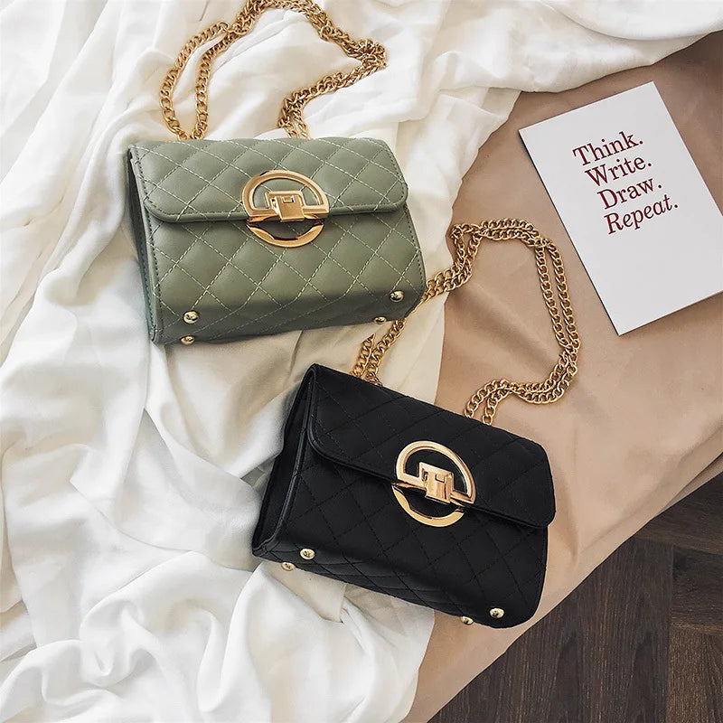 Female Bag Metal Chain Shoulder Strap Rhombus Check Crossbody