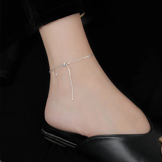 925 Silver Snake Chain Bow Anklet Adjustable Women Accessories