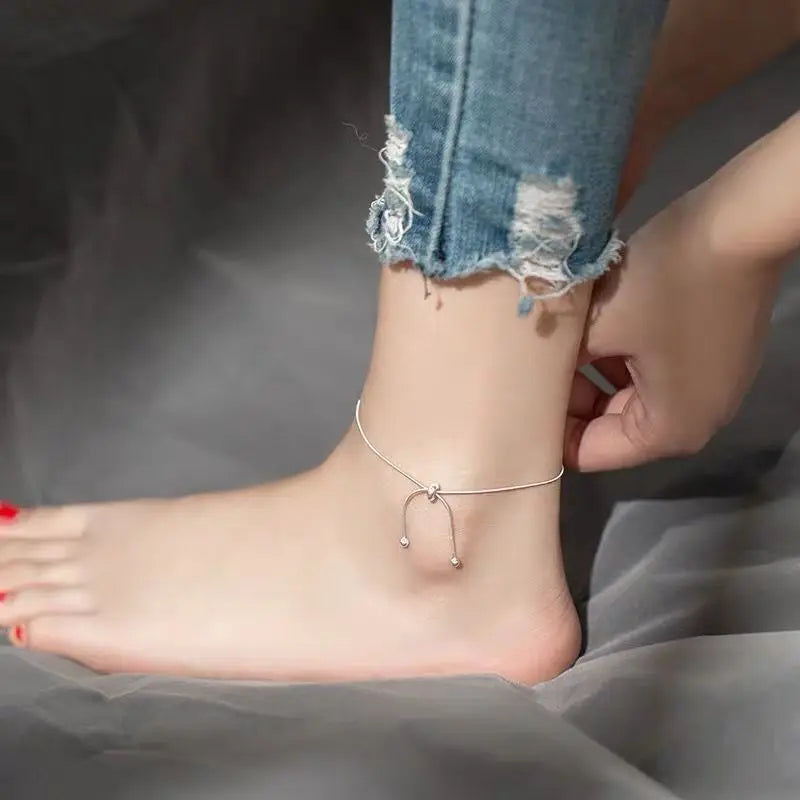 925 Silver Snake Chain Bow Anklet Adjustable Women Accessories