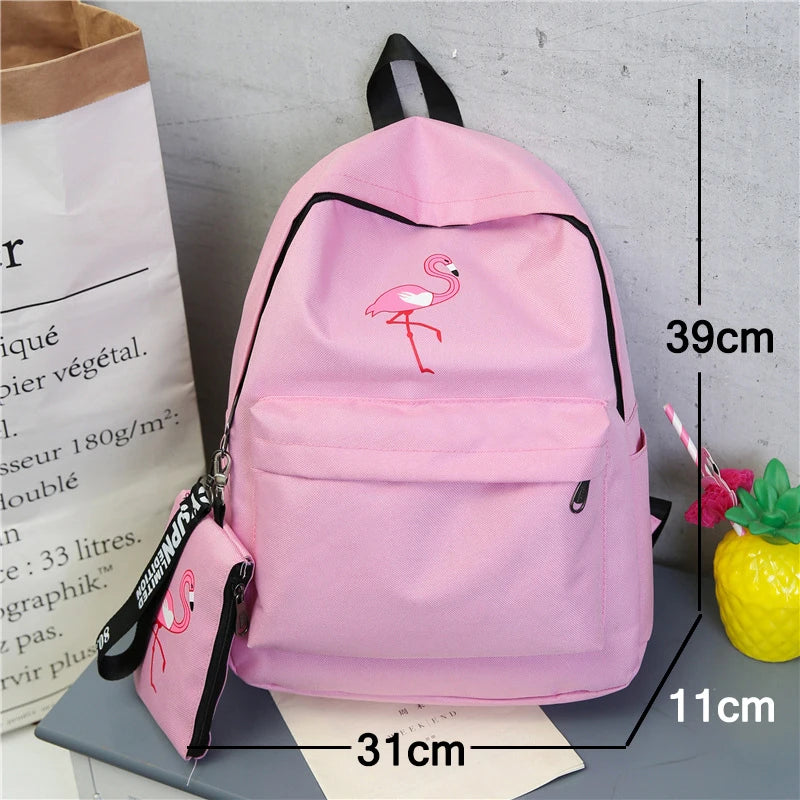 Flamingo Print Canvas School Bags for Girls Student Backpacks