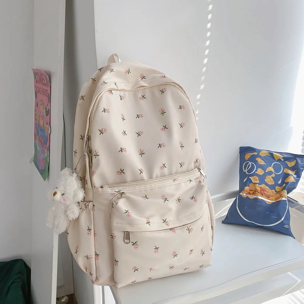 Floral Backpack Nylon Girl Bags with Pendant