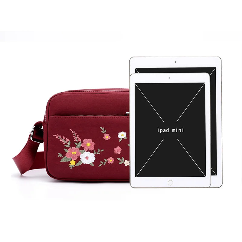 Floral Embroidery Women Messenger Bag Nylon Waterproof