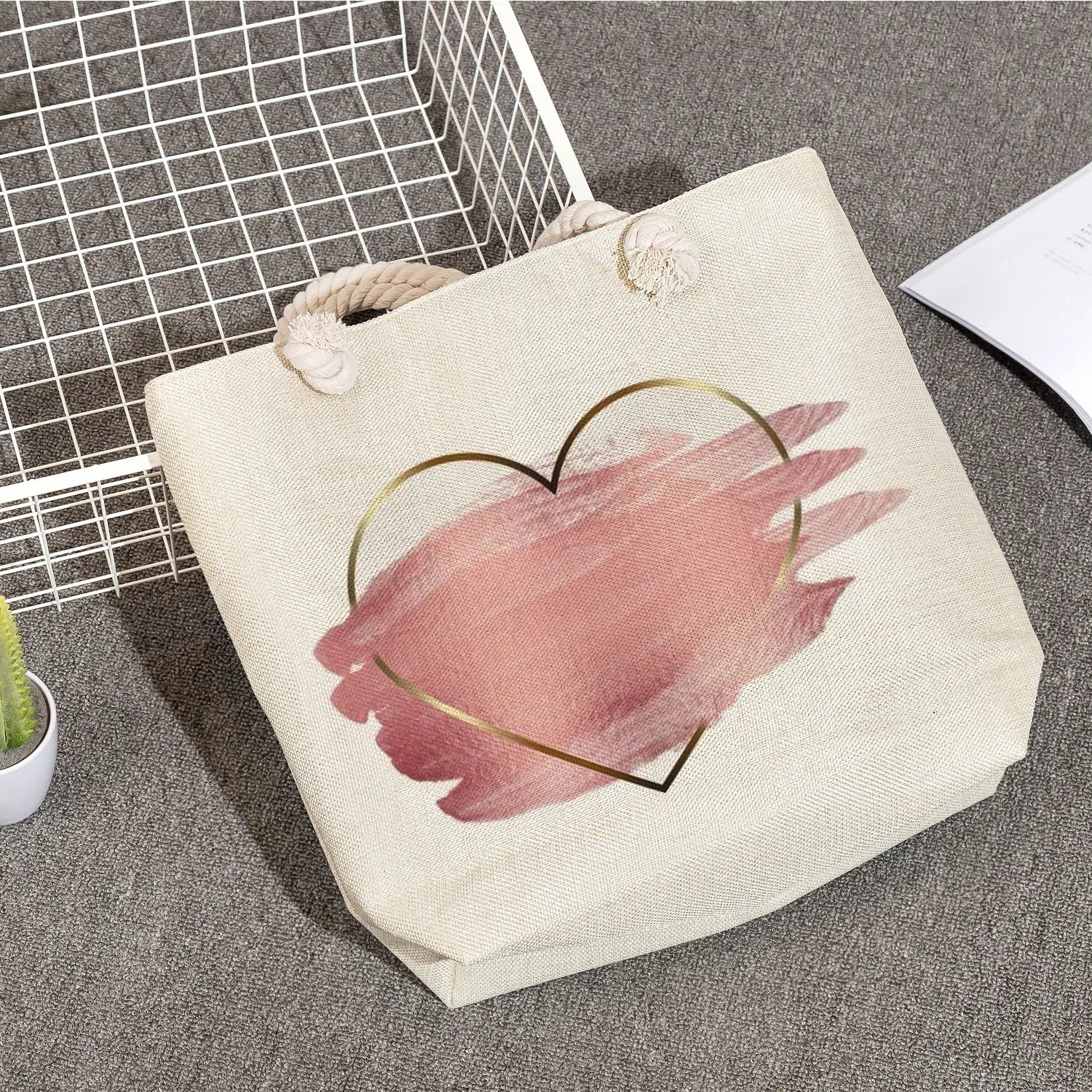 Floral Love Print Handbags Love Graphic Tote Bags Women Thick Rope Shoulder Bag
