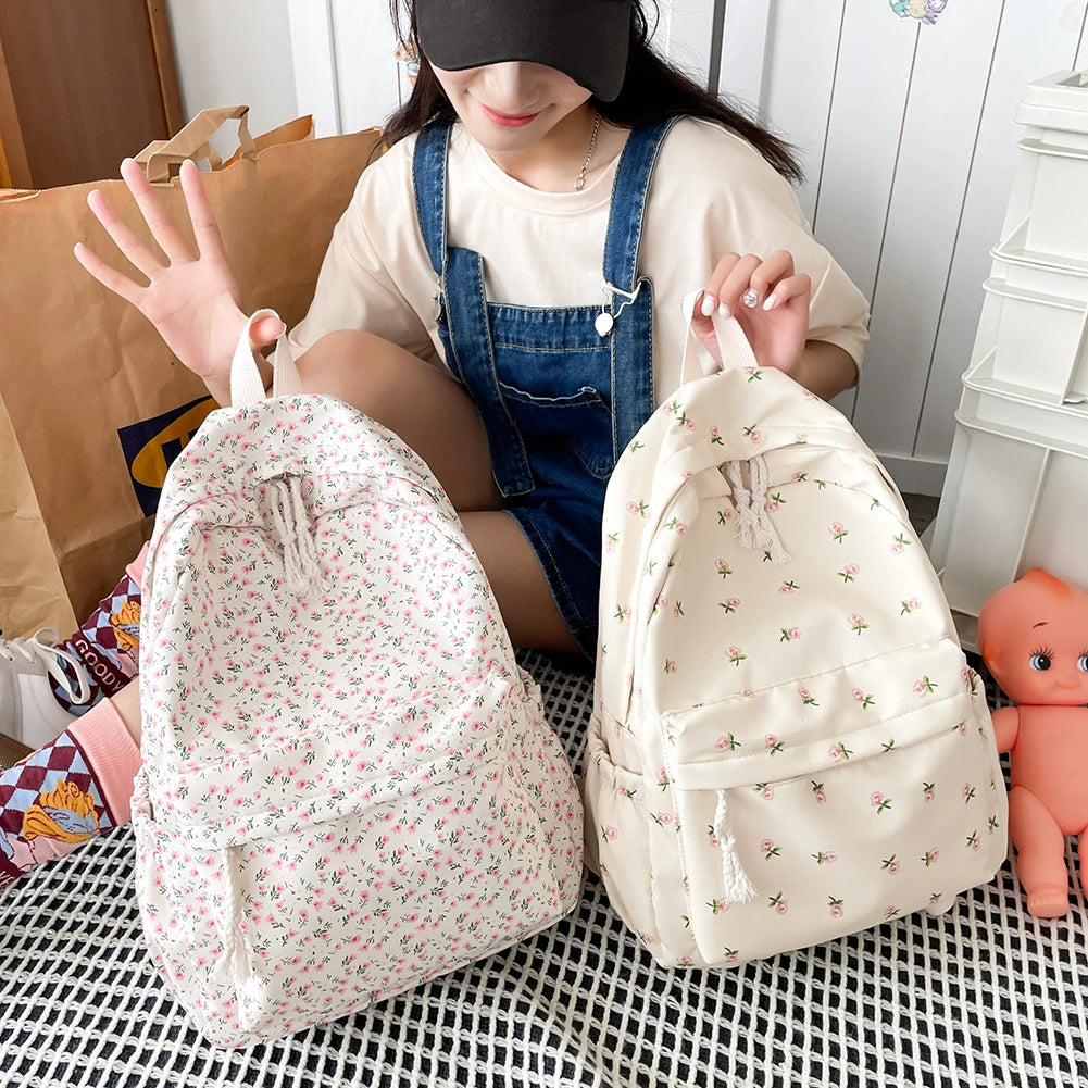 Floral Printed Backpack for Women Travel Flower Large Capacity Nylon Knapsack