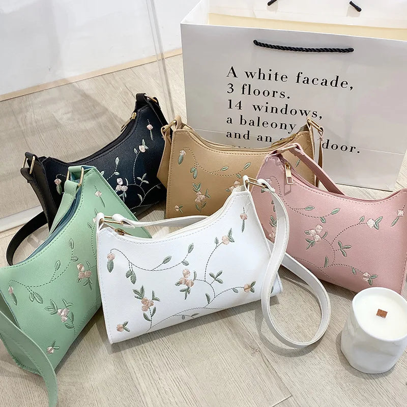 Flower Embroidered Shoulder Bag Retro Casual Totes Handbag for Women