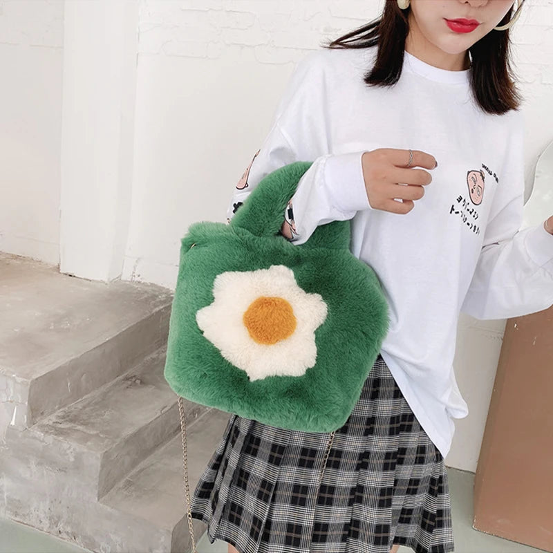 Women's Plush Handbag Poached Egg Printed Shoulder Clutch