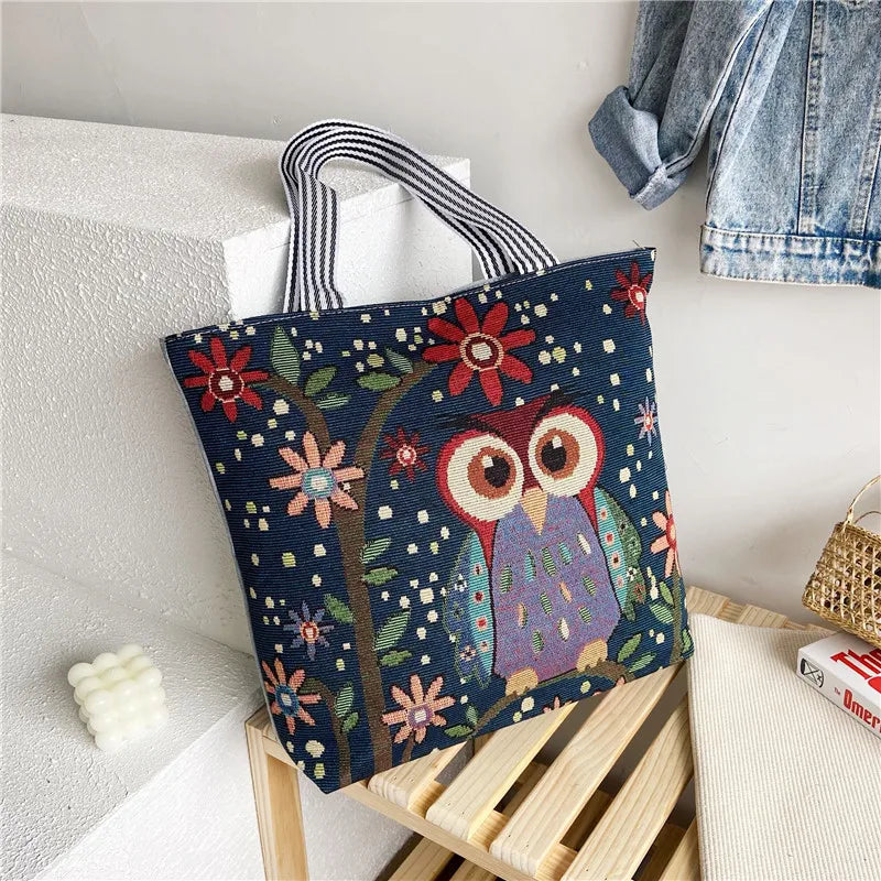 Women's Canvas Tote Bag Flower Printing Shoulder Bag