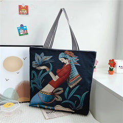 Women's Flower Print Canvas Tote Handbag