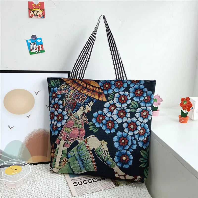 Women's Flower Print Canvas Tote Handbag