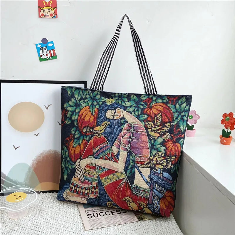 Women's Flower Print Canvas Tote Handbag