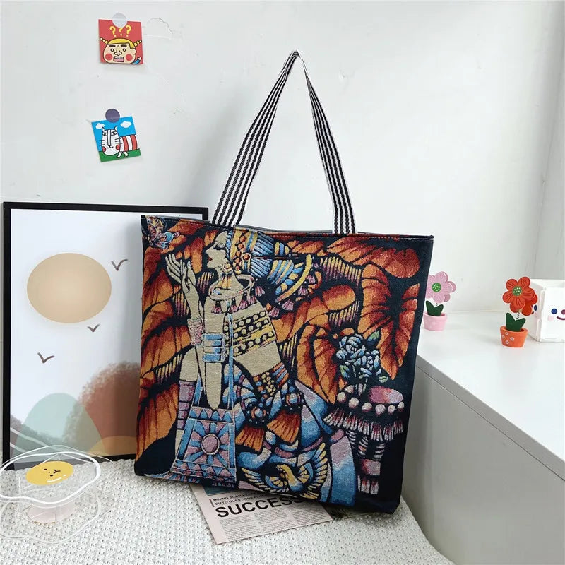 Women's Flower Print Canvas Tote Handbag