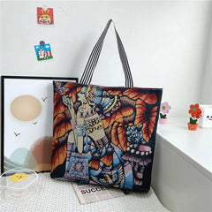 Women's Flower Print Canvas Tote Handbag