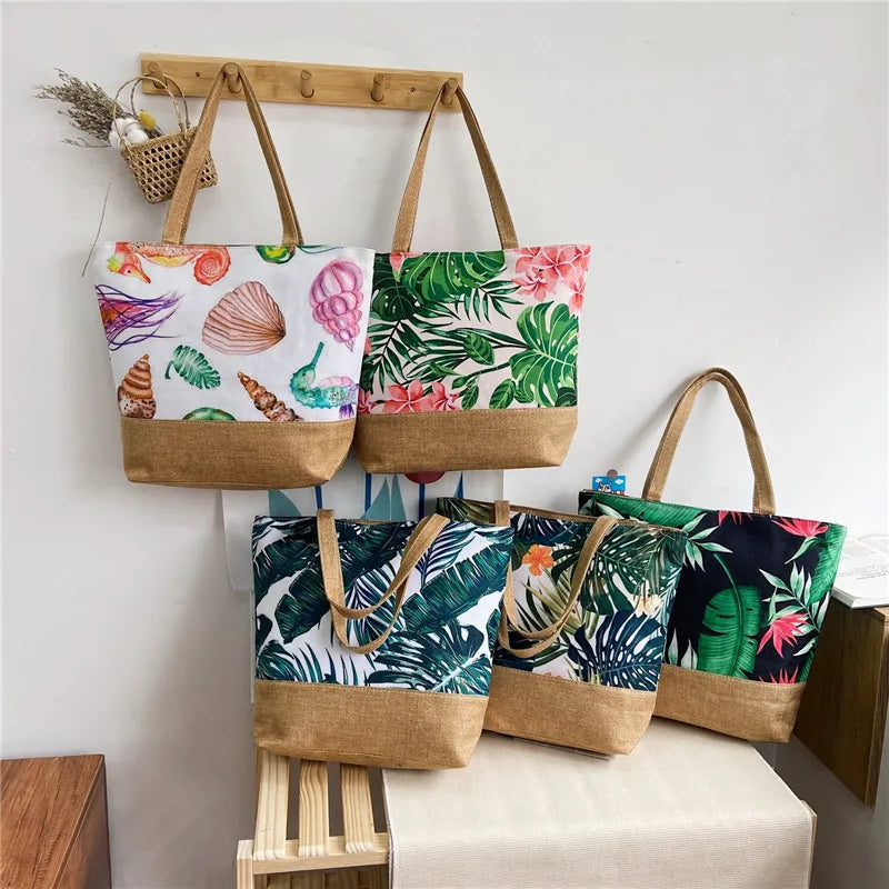 Floral Print Canvas Handbag Tote Large Size Shoulder Bag
