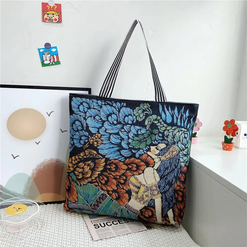 Women's Flower Print Canvas Tote Handbag