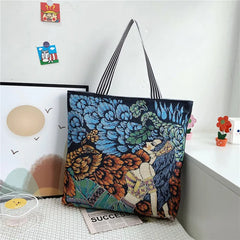 Women's Flower Print Canvas Tote Handbag