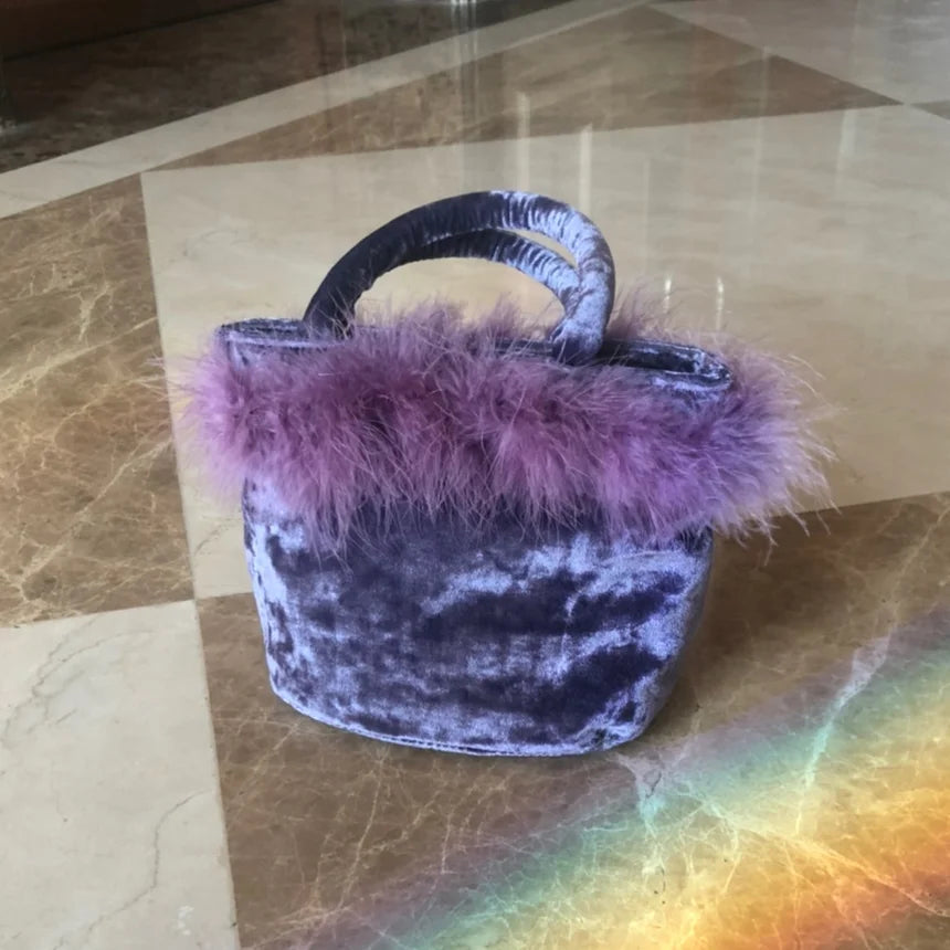 Vintage Velvet Ladies Bucket Bag Small Shoulder Crossbody Purse Evening Clutch