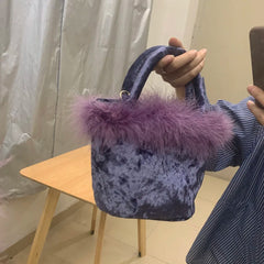 Vintage Velvet Ladies Bucket Bag Small Shoulder Crossbody Purse Evening Clutch