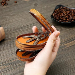 Leather Mini Car Key Case Double Zipper Portable Small Objects Storage