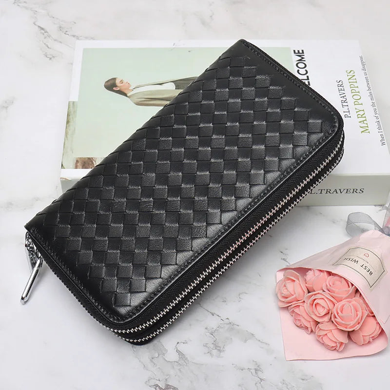 Leather Weave Clutch Long Wallet Multifunctional Money Bag
