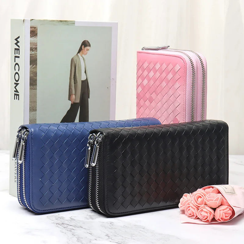 Leather Weave Clutch Long Wallet Multifunctional Money Bag