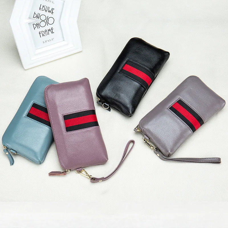 Leather Women Clutches Bags Zipper Handbag Cowhide Casual Phone Pouch Wrist Bag